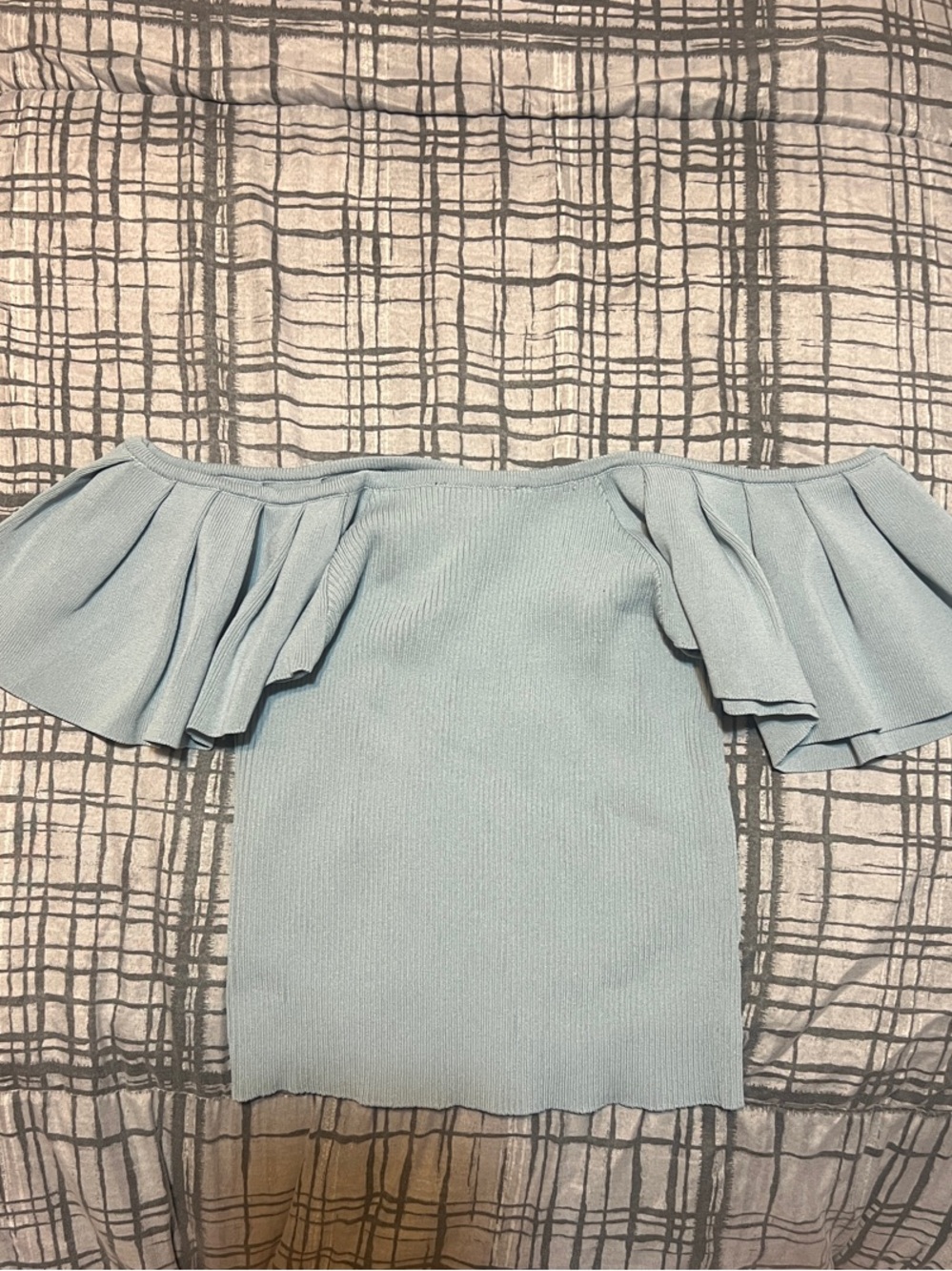 Off-Shoulder Ruffle Knit Top in Light Blue